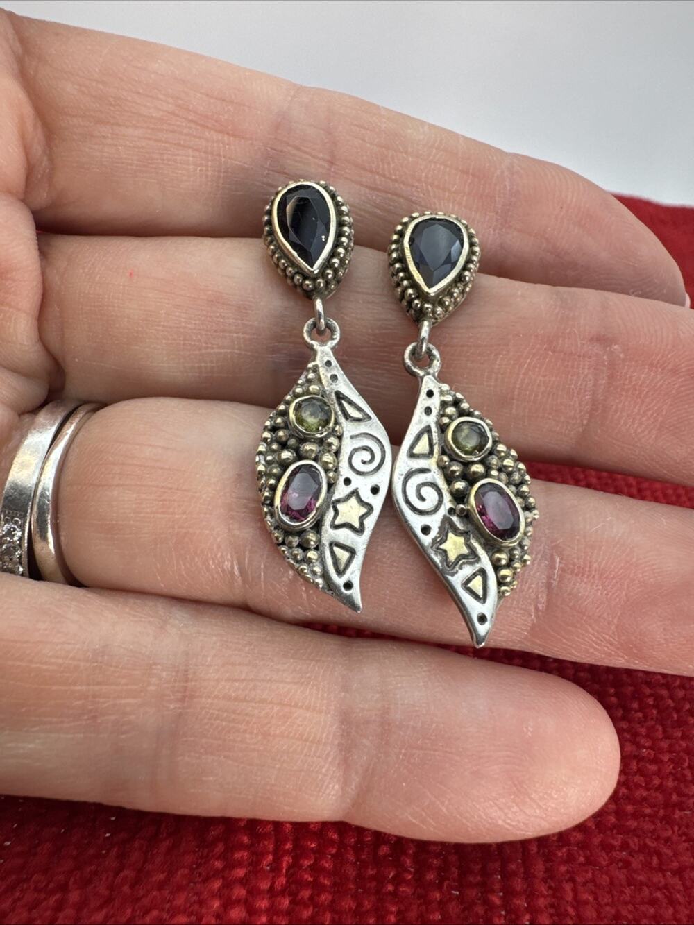 .925 W/Gold Accent Peridot Moonstone Gem Post Dangle Earrings 7.10g
